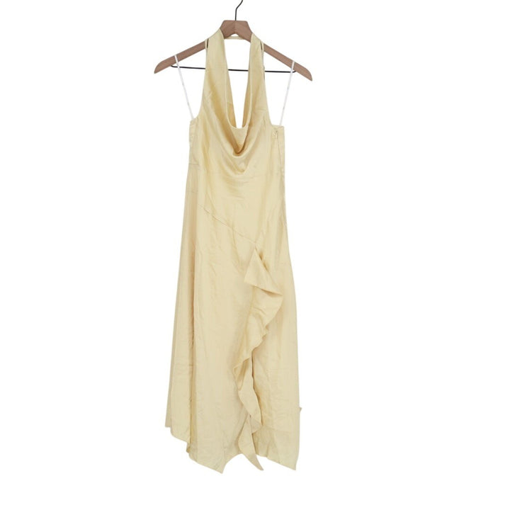Lulus Evette Pale Midi Dress Womens Small Yellow Satin Cowl Ruffled Handkerchief