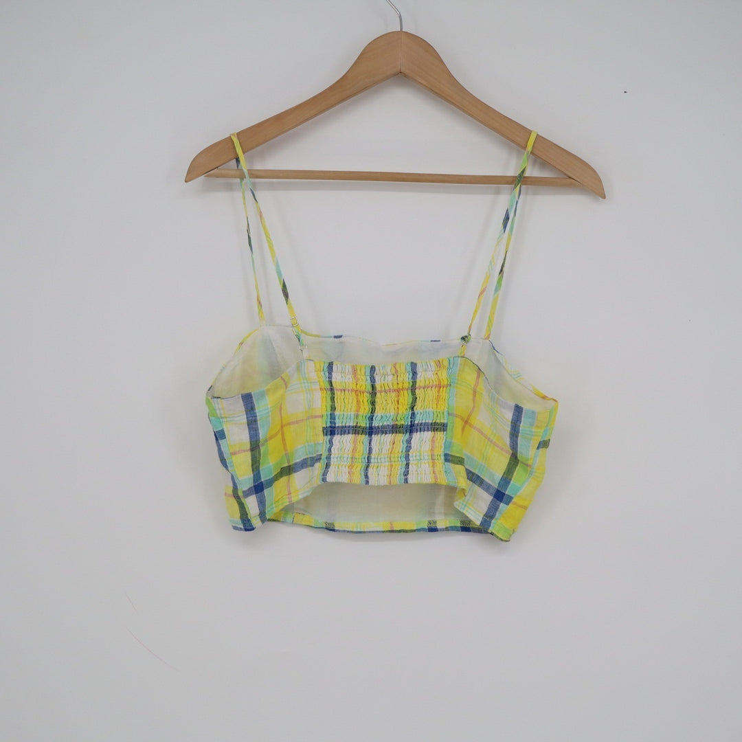 Forever 21 Yellow Plaid Crop Top Medium Smocked Back Adjustable Straps Summer