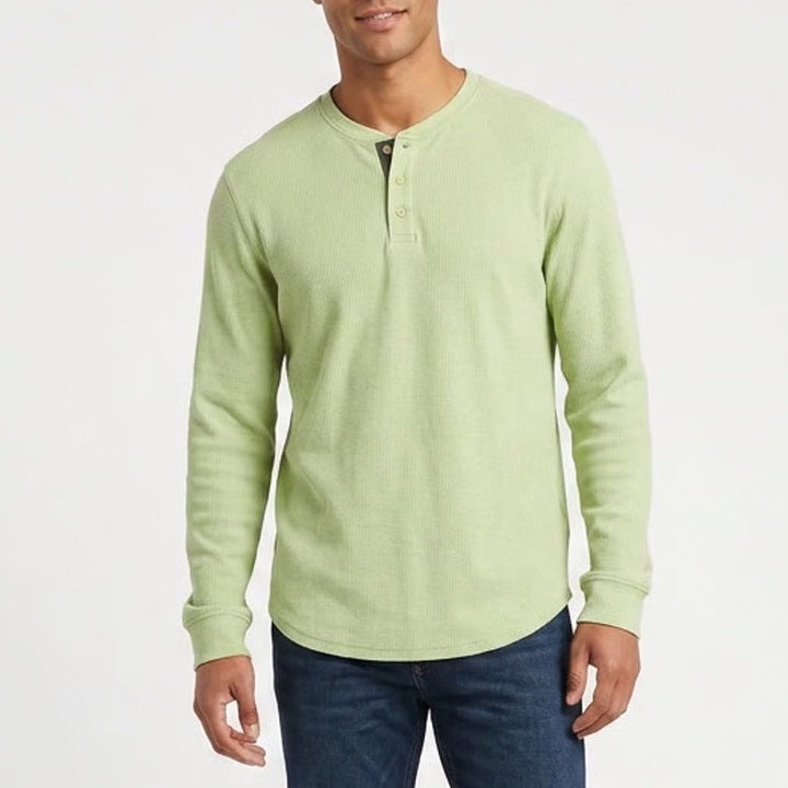 All In Motion Mens L Lime Green Waffle Knit Long Sleeve Henley Shirt