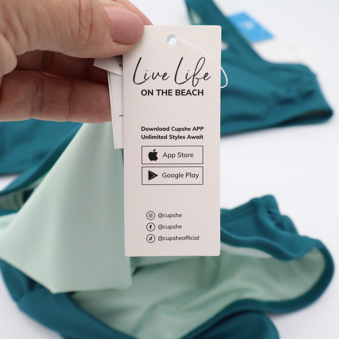 Cupshe Teal Ribbed Scalloped High Waisted Bikini Set Medium NEW