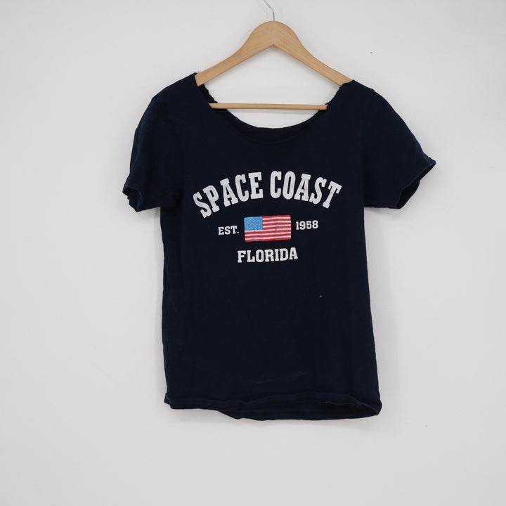 Space Coast Florida Graphic T-Shirt Navy Blue Raw Neck Souvenir Tee 1958 EST
