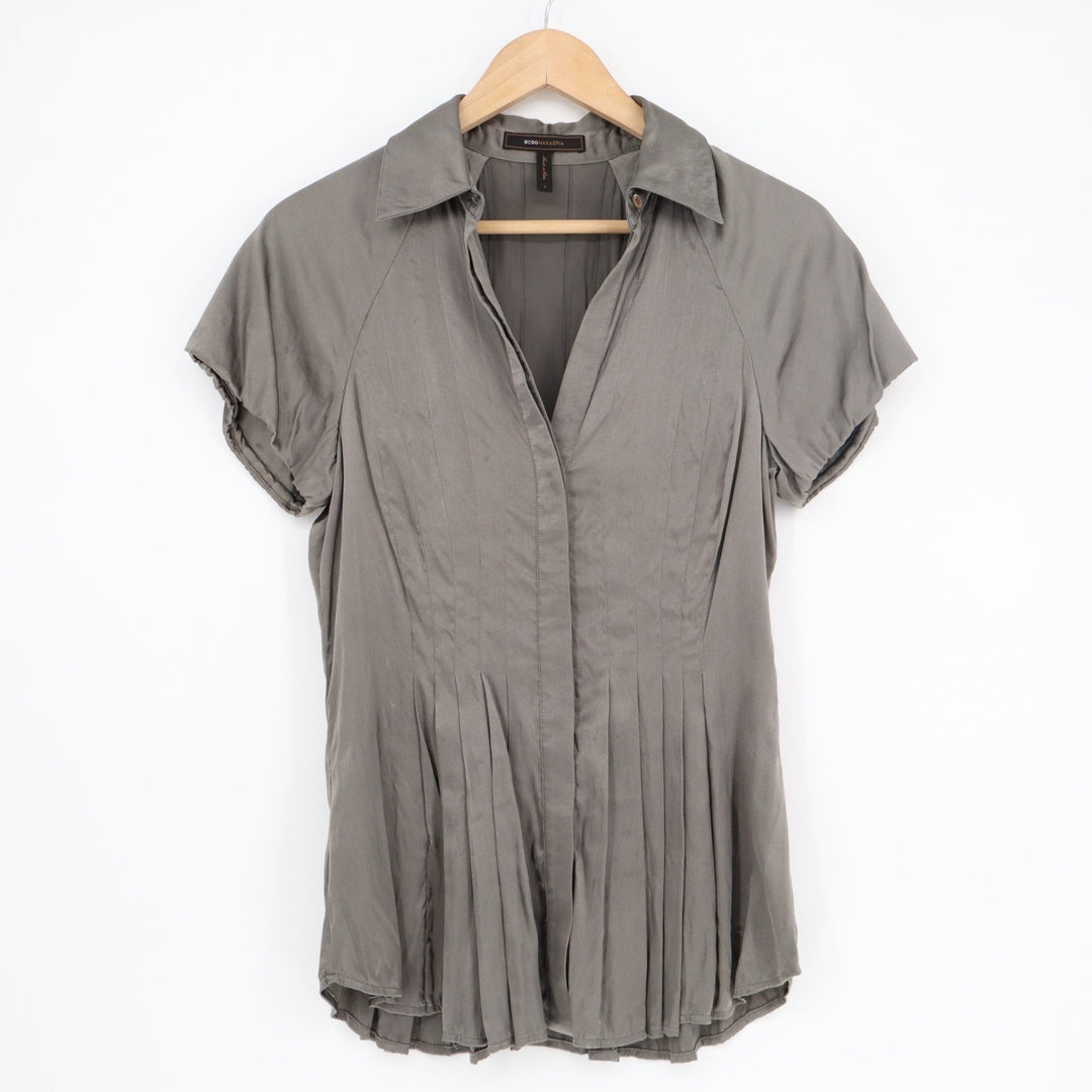 BCBGMAXAZRIA Blouse Top Womens Small Gray Silk Stretch Pintuck Detail V Neck
