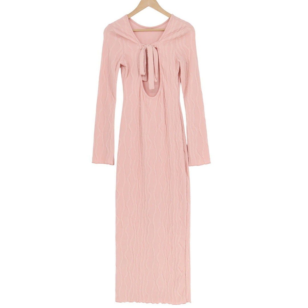 SHEIN Pink Textured Open Back Tie Maxi Dress Long Sleeve Bodycon AV795 Small