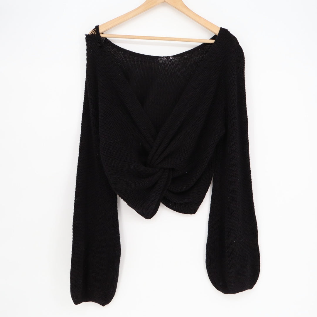 Lulu's Crop Sweater Womens Black Cotton Knit Ribbed Knotted Front Bell Sleeve