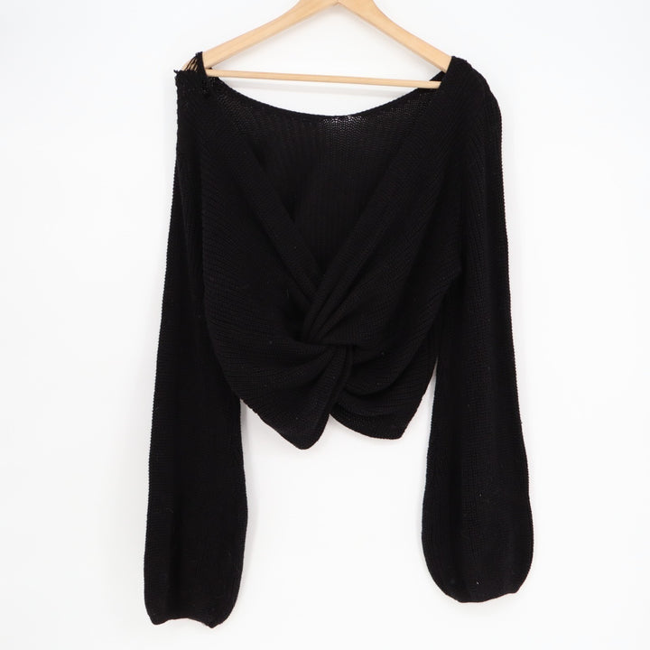 Lulu's Crop Sweater Womens Black Cotton Knit Ribbed Knotted Front Bell Sleeve