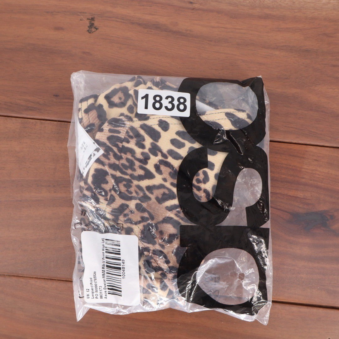 ASOS DESIGN Leopard Print V Front High Leg Bikini Bottoms UK 12 US 8