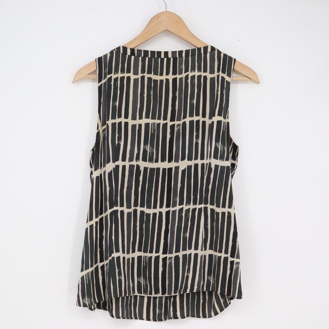 Ann Taylor Silk Blend Beaded Scoop Neck Sleeveless Blouse Black Cream Print 4