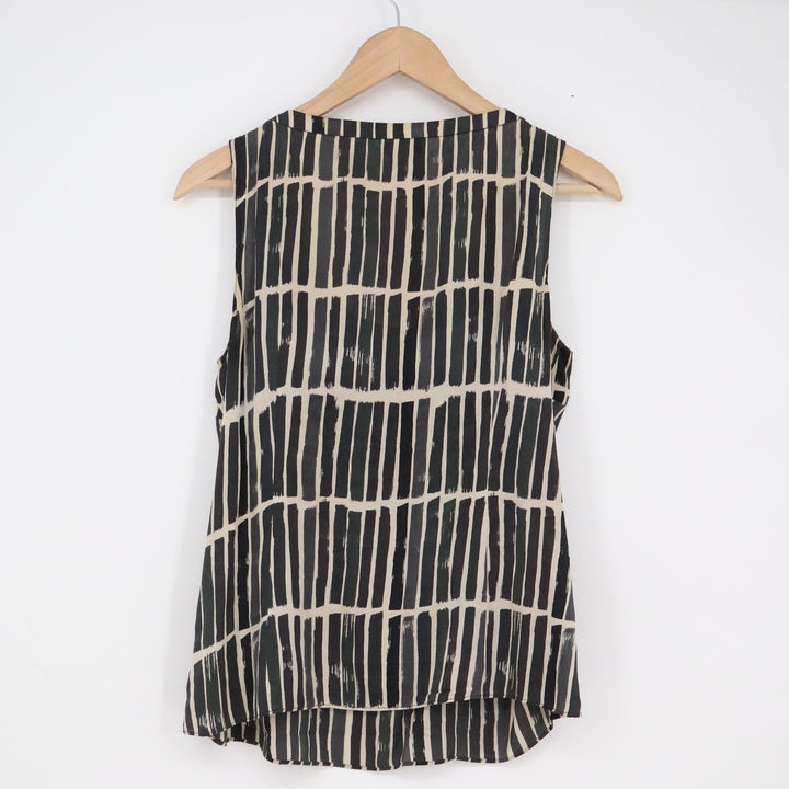Ann Taylor Silk Blend Beaded Scoop Neck Sleeveless Blouse Black Cream Print 4