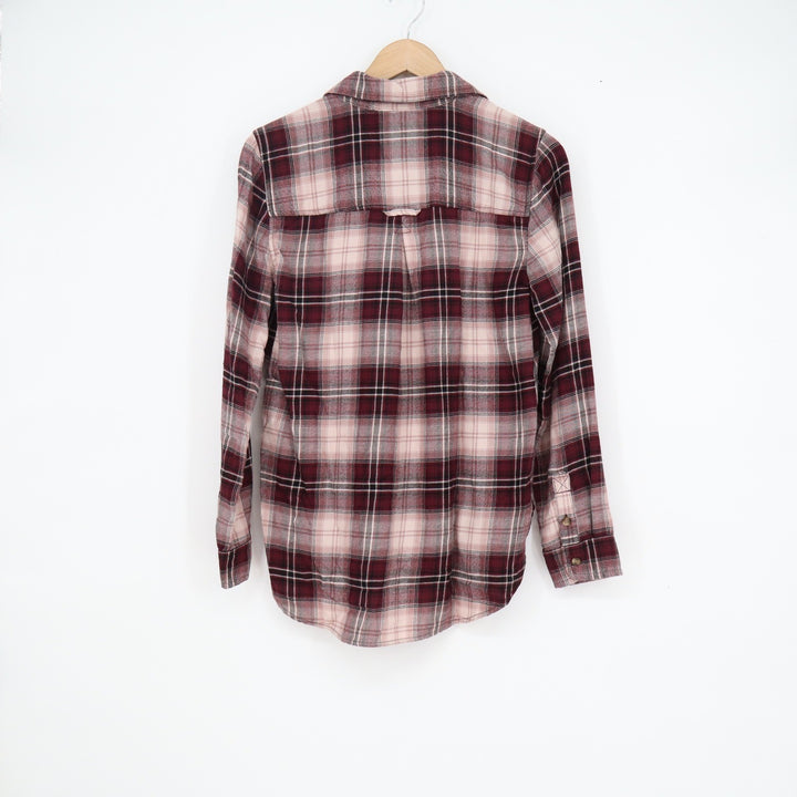 American Eagle Womens Small Boyfriend Fit Plaid Button Down Shirt Burgundy Pink