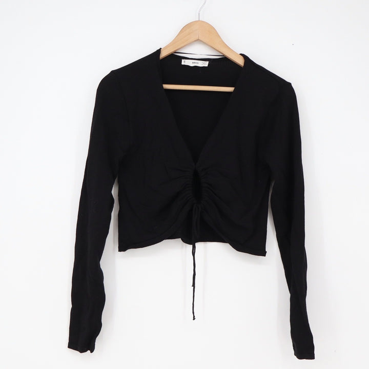 MNG Top Women M Cropped Cinch Front Black Long Sleeve V-Neck Ribbed Excellent