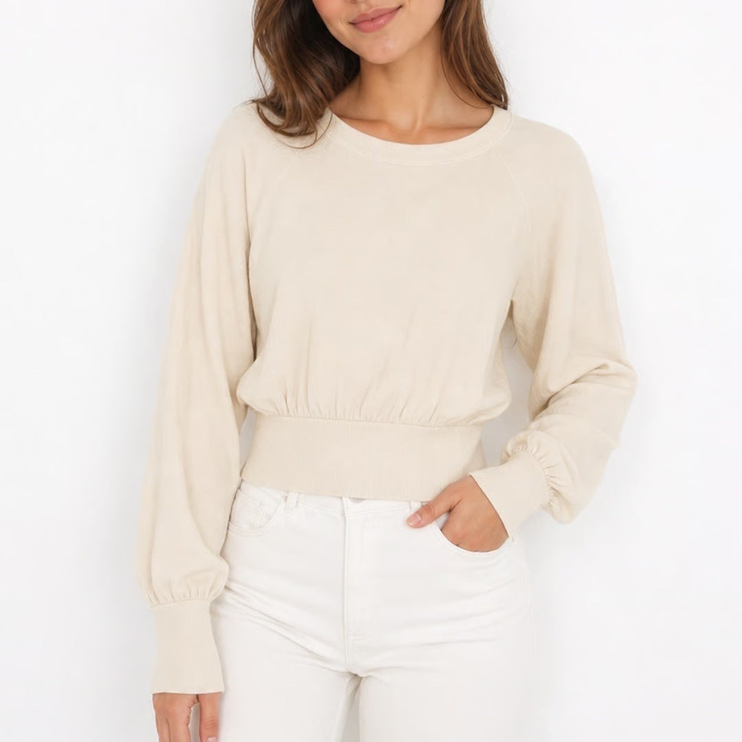 Express One Eleven Womens Ivory Cream Ribbed Waistband Raglan Sweatshirt Size M