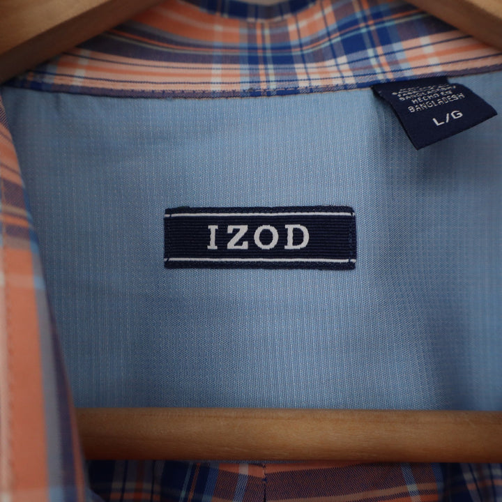 IZOD Mens Large Short Sleeve Plaid Button Down Shirt Orange Blue White Casual