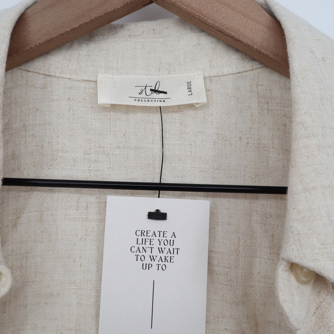 STIL Collection Oatmeal Cotton Linen Cropped Button Down Shirt Large