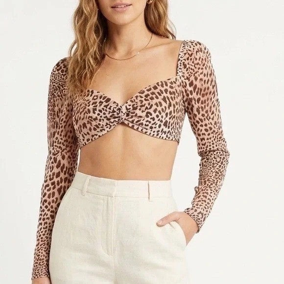 Naked Wardrobe Leopard Print Velvet Crop Top XS Long Puff Sleeve Smocked