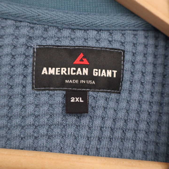 American Giant T-Shirt Mens 2XL Blue Stretch Waffle Knit Long Sleeve Crew Neck