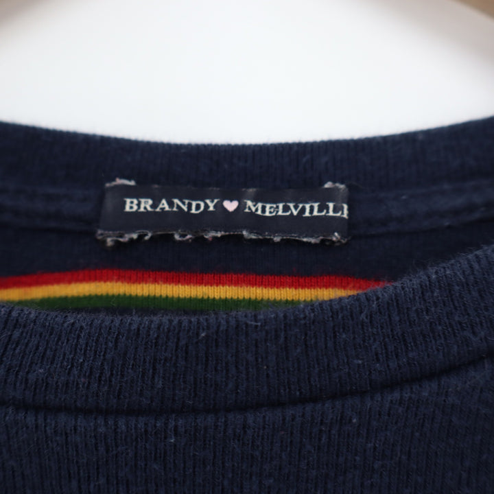 Brandy Melville Navy Blue Striped Long Sleeve Crop Top Crew Neck Size S