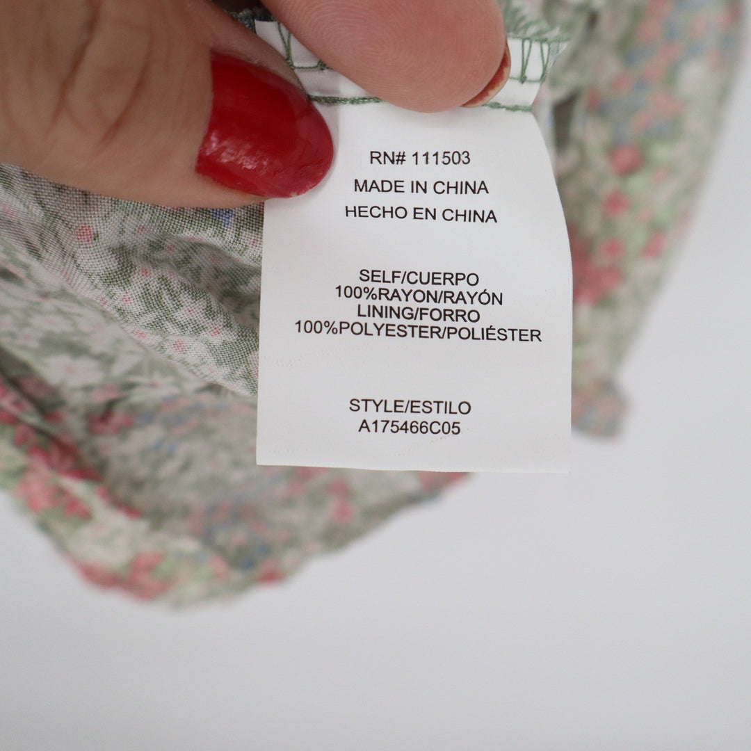 AUW Floral Mini Dress L Green Pink Ruffle Strap Smocked Back Womens