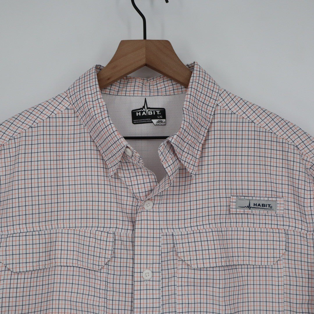 Habit Mens Short Sleeve Plaid Fishing Shirt L G Solar-Factor White Orange Navy