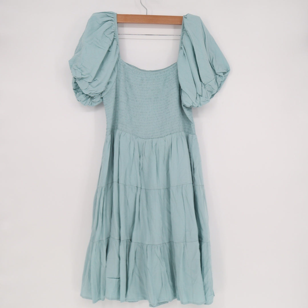 Zesica Light Blue Smocked Puff Sleeve Tiered Mini Dress Large NWT
