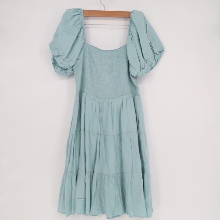 Zesica Light Blue Smocked Puff Sleeve Tiered Mini Dress Large NWT