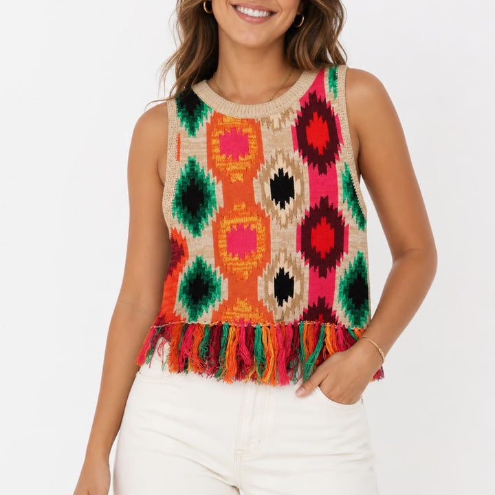 Alice + Olivia Multicolor Ikat Fringe Knit Shell Top Small S/P