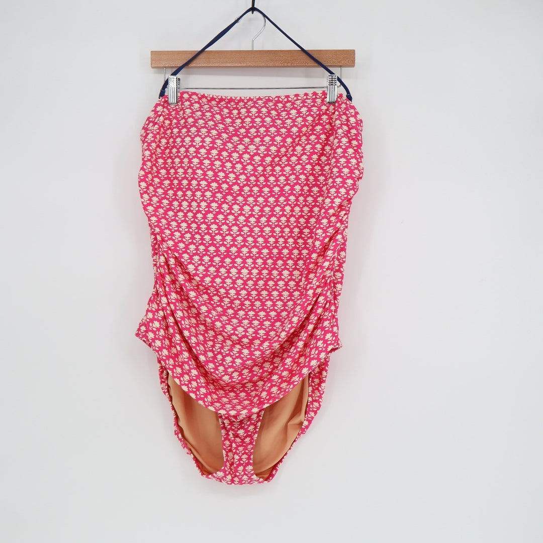 J.Crew Pink Floral Block Print Ruched Strapless One-Piece Swimsuit Size 18