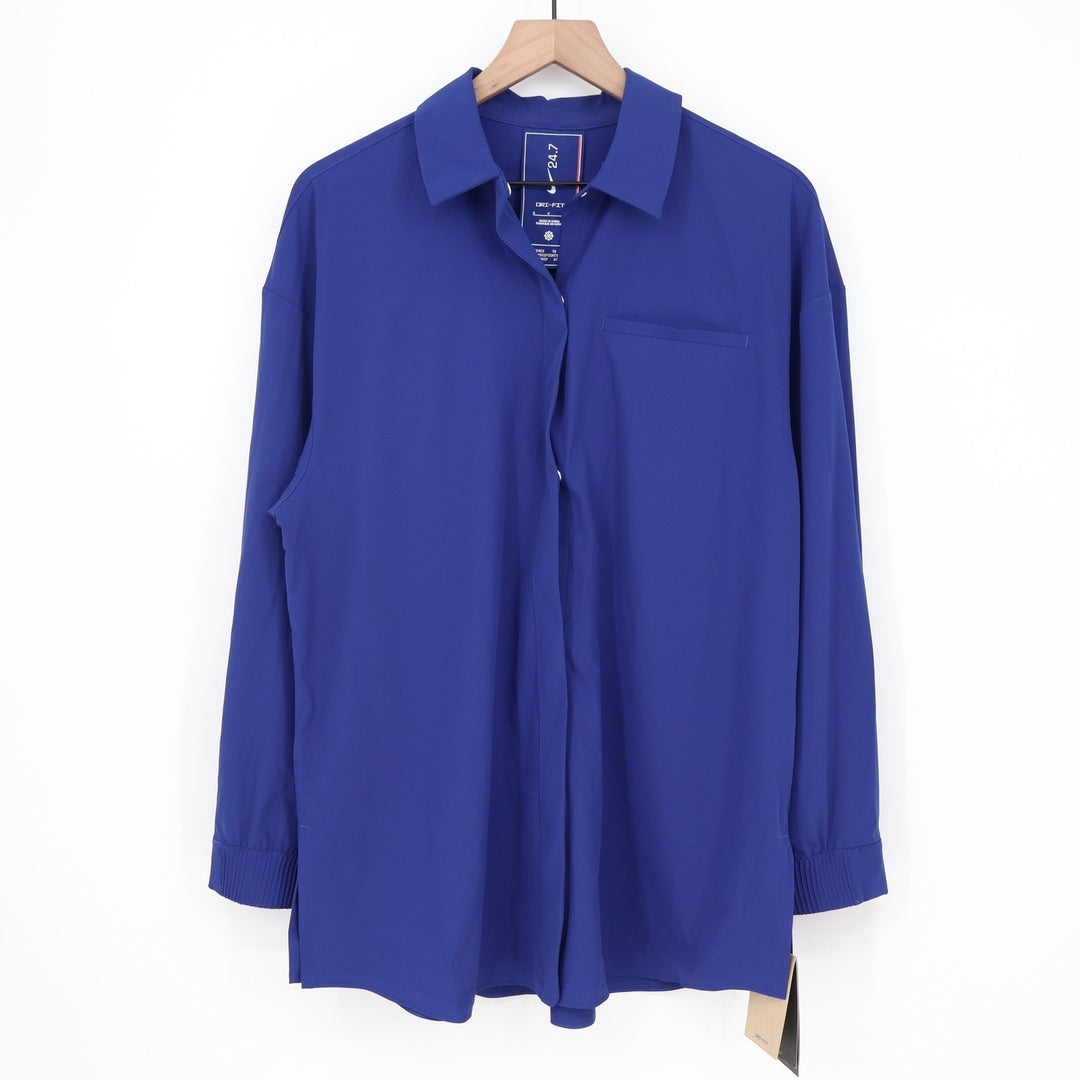 Nike 24.7 Dri-FIT Oversized Button Down Shirt Royal Blue Snap Front Womens Small