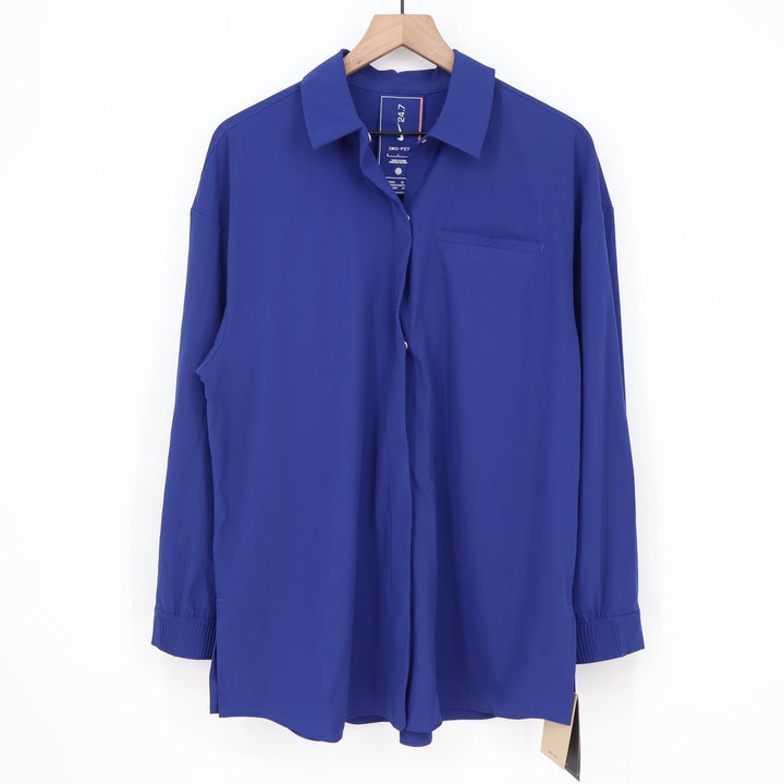 Nike 24.7 Dri-FIT Oversized Button Down Shirt Royal Blue Snap Front Womens Small