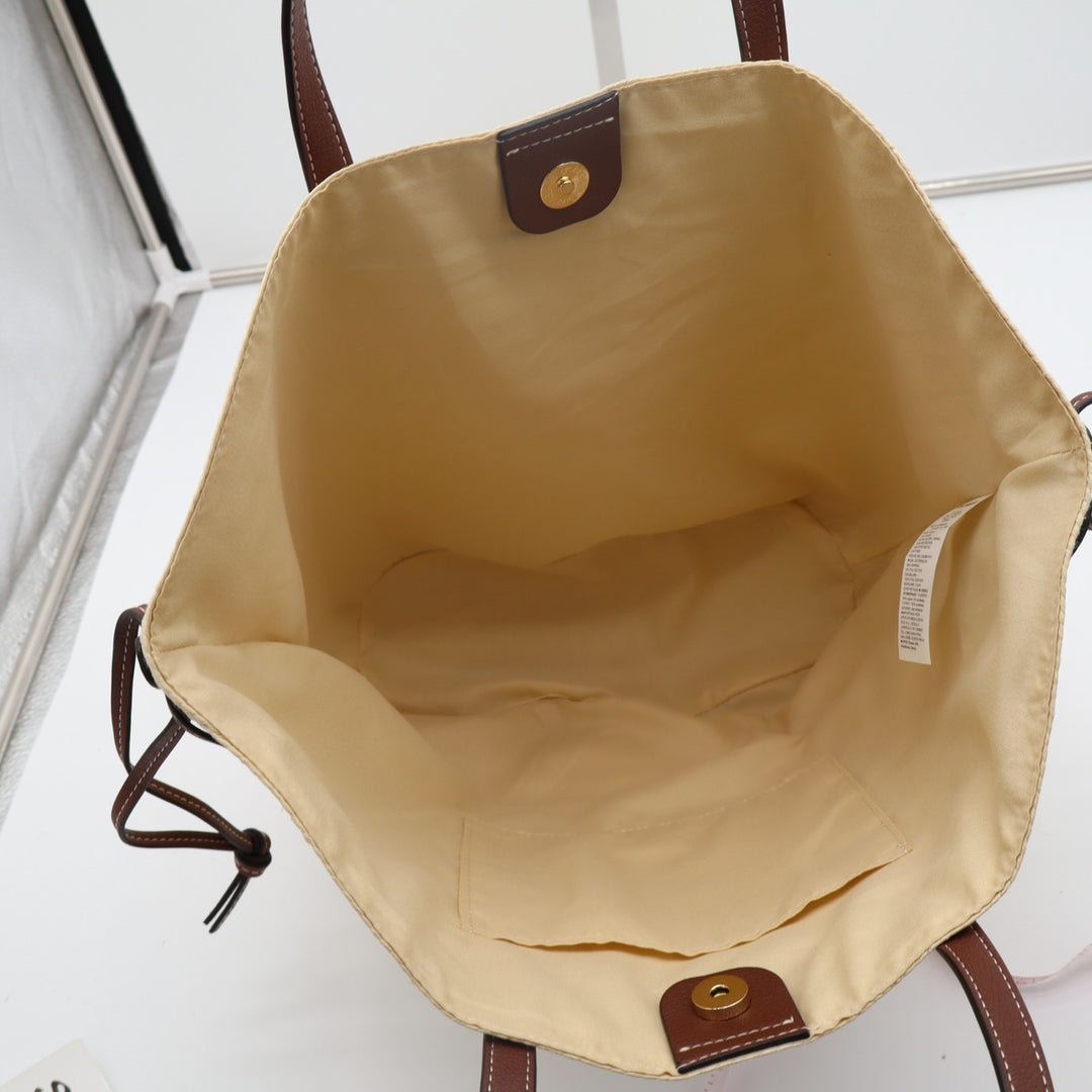 Womens Handbag Beige Straw Crochet Leather Double Handle Pocket Shoulder Bag