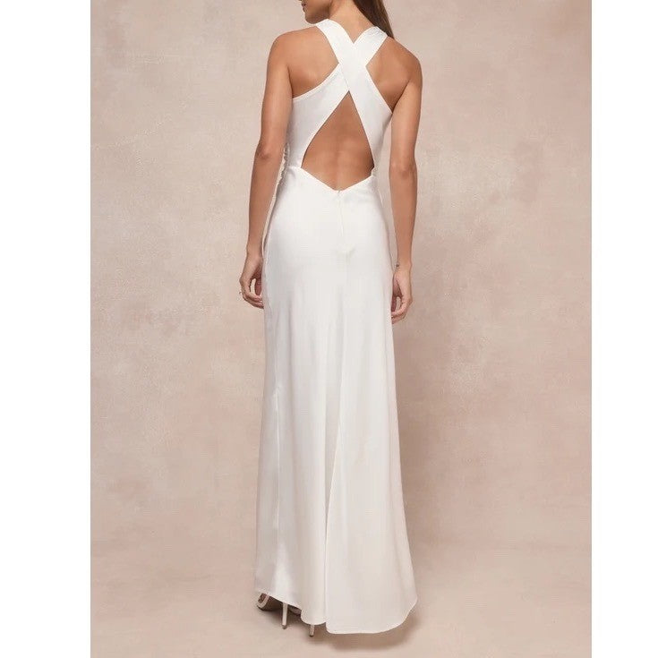 Lulus Effortlessly Sensational Maxi Dress Womens L White Satin Backless Back Zip