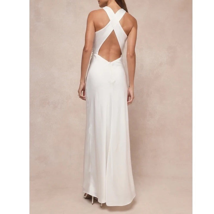 Lulus Effortlessly Sensational Maxi Dress Womens L White Satin Backless Back Zip