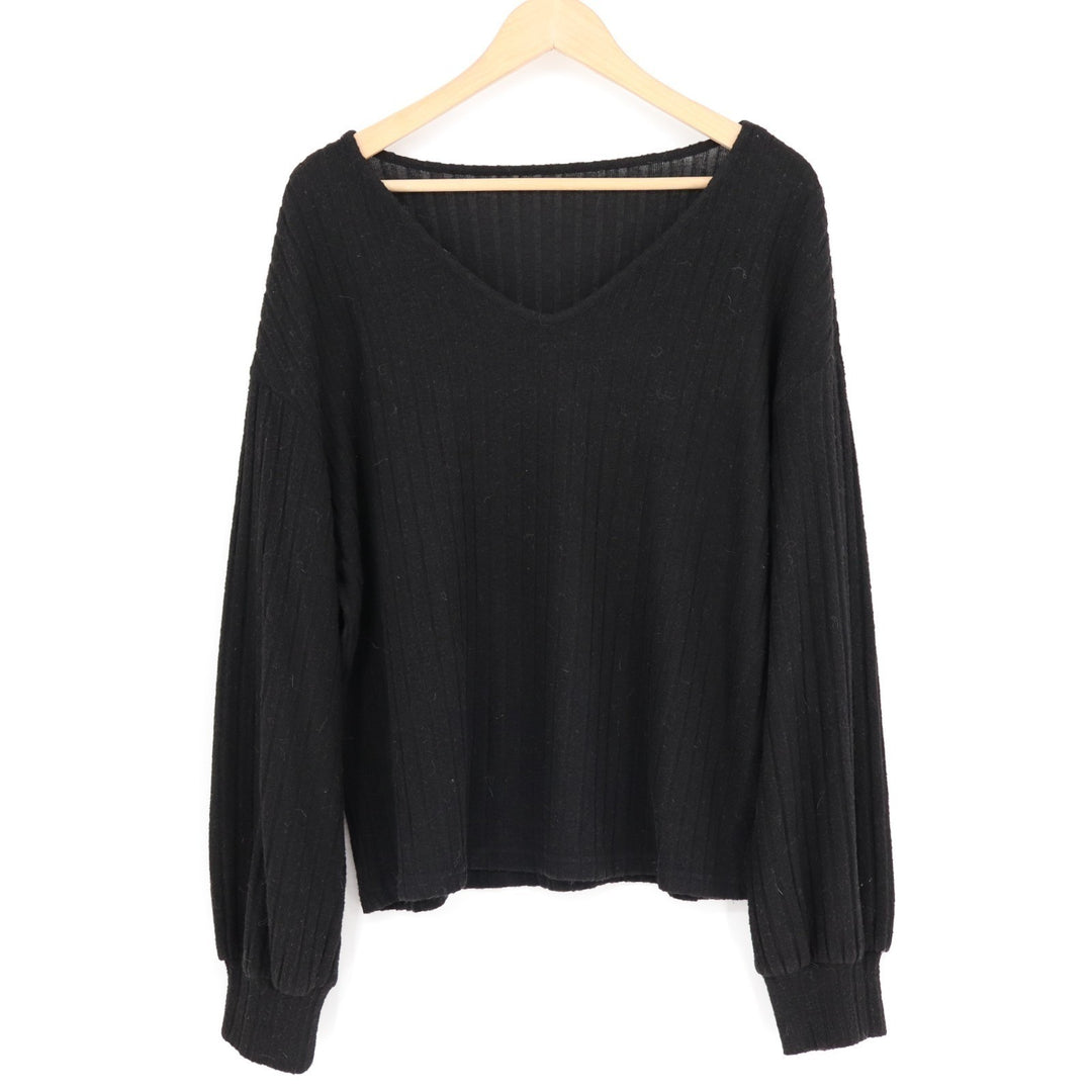 Shein Sweater Women Large Black Stretch V Neck Ribbed Knit Long Sleeve Oversized