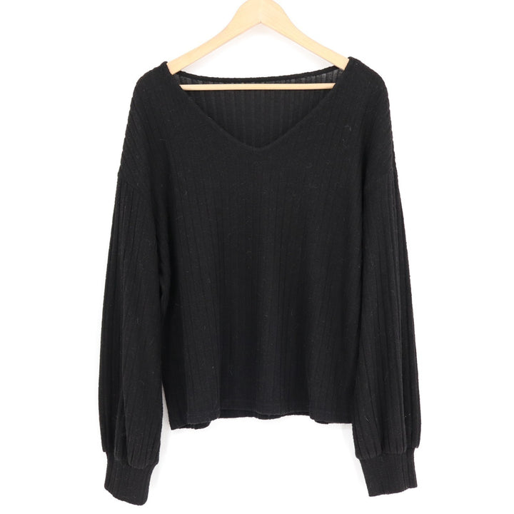 Shein Sweater Women Large Black Stretch V Neck Ribbed Knit Long Sleeve Oversized