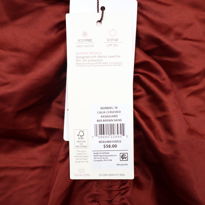 CALIA Women's Ruched Long Sleeve Rashguard Red Brown Shine UPF 50+ Medium