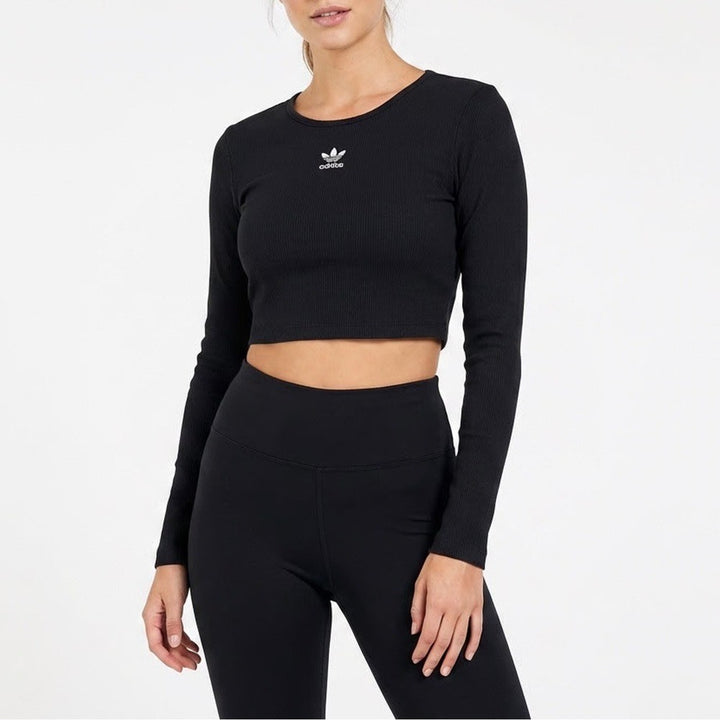 Adidas Originals Womens ESS Crop LS Black Ribbed Long Sleeve Shirt Size S