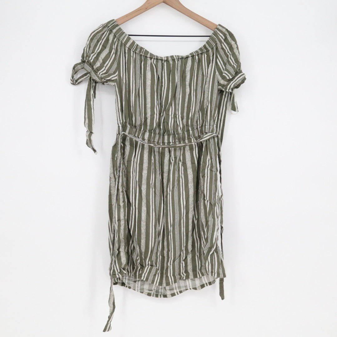 Derek Heart Mini Dress Women L Green White Striped Button Front Off The Shoulder
