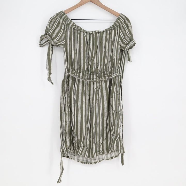 Derek Heart Mini Dress Women L Green White Striped Button Front Off The Shoulder