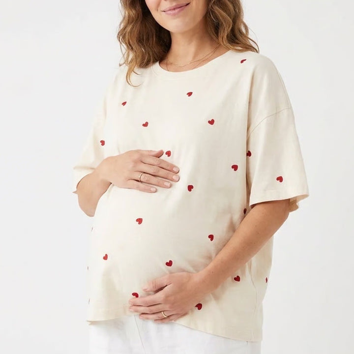 H&M Mama Maternity Cream Heart Print Oversized Cotton T-Shirt Size L