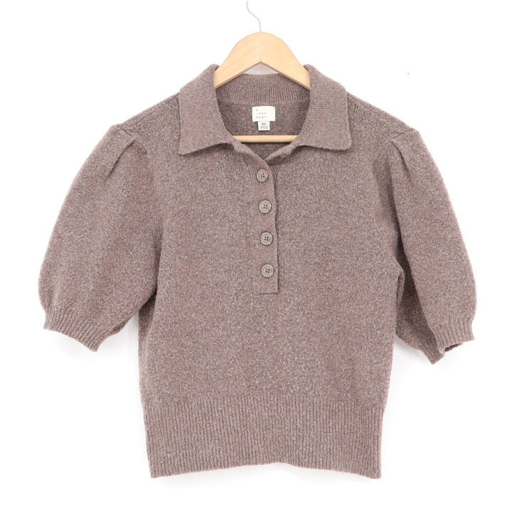 A New Day Womens XS Taupe Brown Marl Short Puff Sleeve Polo Sweater Collared Top