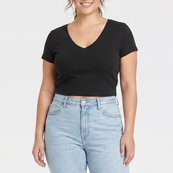 Wild Fable Womens Black V-Neck Short Sleeve Crop Top Tee XL Solid Cotton Blend