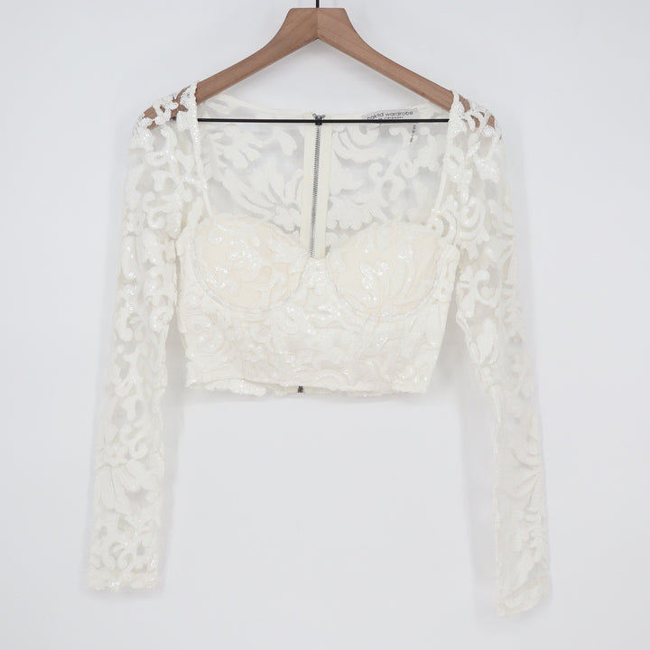 Naked Wardrobe White Sequin Floral Lace Crop Top Long Sleeve Small