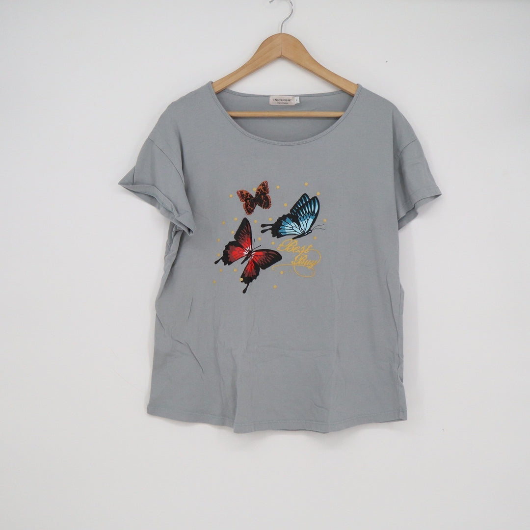 ENJOYNIGHT Womens Grey Butterfly Graphic Sleep Shirt Short Sleeve Scoop Neck L