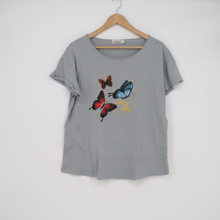 ENJOYNIGHT Womens Grey Butterfly Graphic Sleep Shirt Short Sleeve Scoop Neck L
