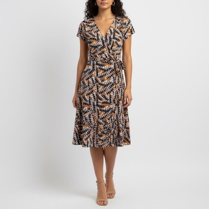 Nine West Medium Wrap Dress Brown Black Blue Abstract Print Casual