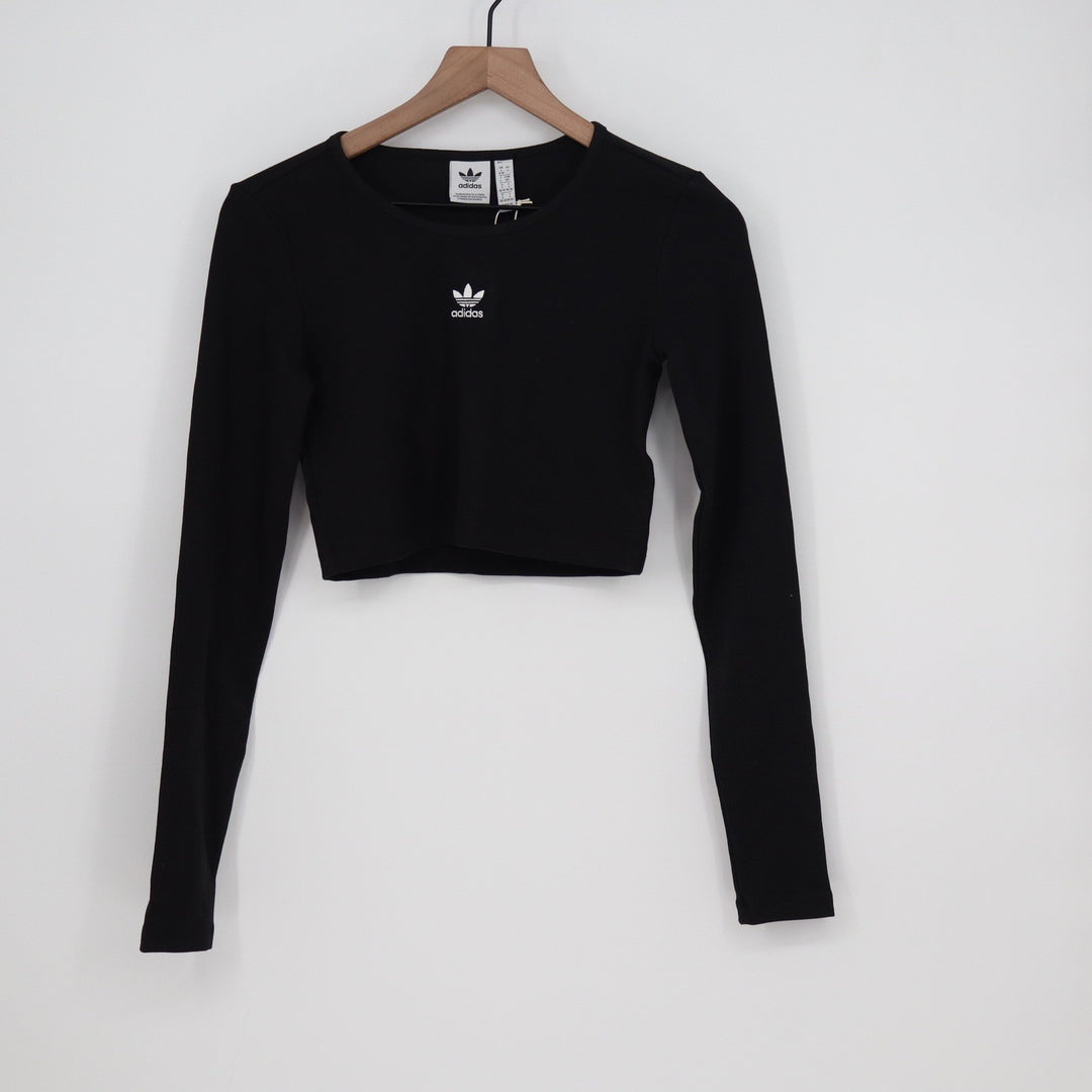 Adidas Originals Womens ESS Crop LS Black Ribbed Long Sleeve Shirt Size S