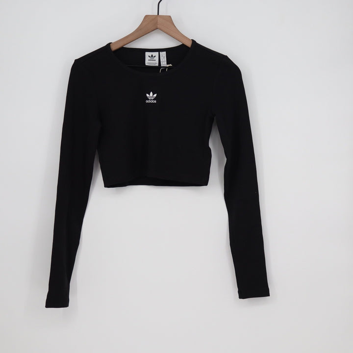 Adidas Originals Womens ESS Crop LS Black Ribbed Long Sleeve Shirt Size S