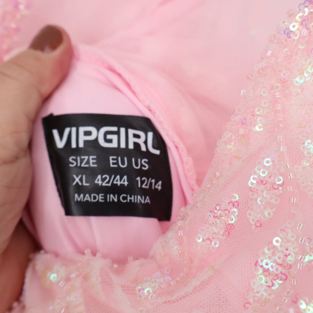 VIPGIRL Pink Sequin Tulle One Shoulder Formal Gown XL