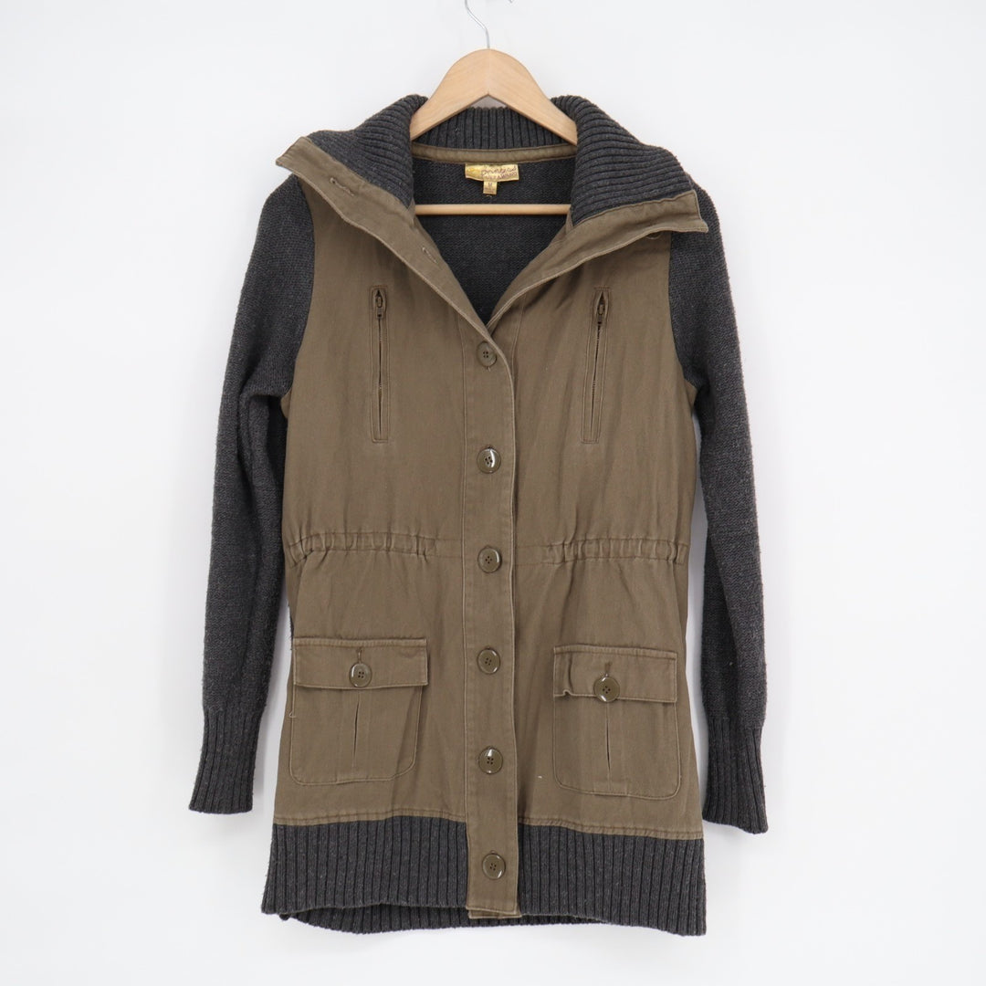Princess Vera Wang Utility Jacket M Beige Black Knit Cotton Ribbed Button Front