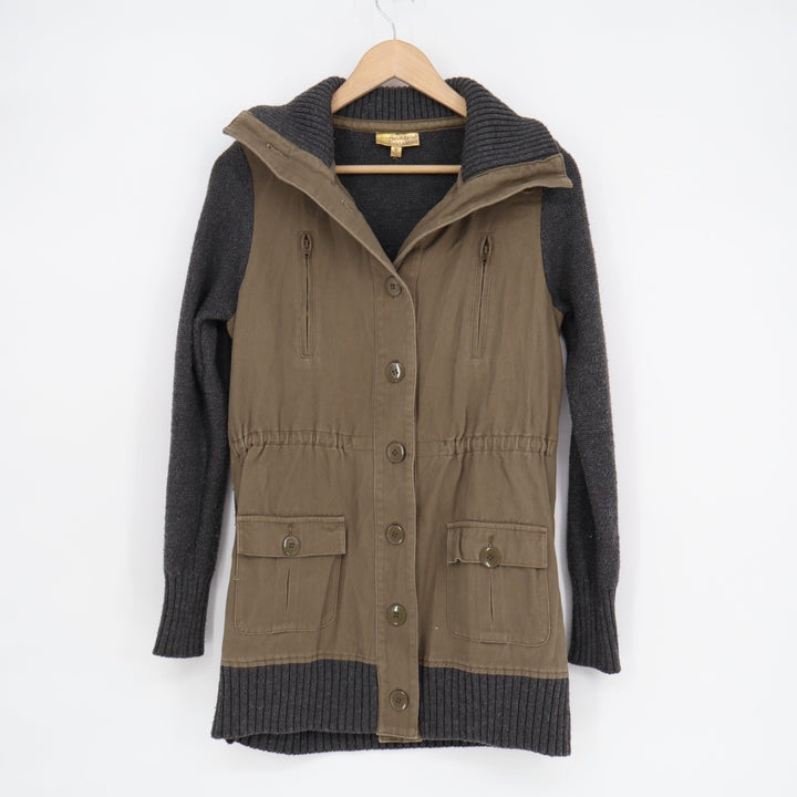 Princess Vera Wang Utility Jacket M Beige Black Knit Cotton Ribbed Button Front