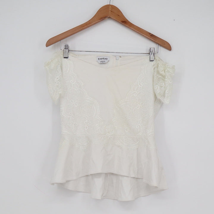 Bebe Ivory White Lace Off the Shoulder Peplum Top Short Sleeve Size M